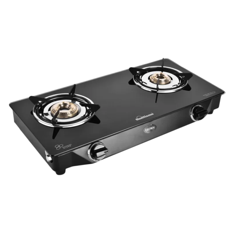 Sunflame 2 burner S Crown Glass Top 2 Burner Gas Stove Manual Ignition (Black)